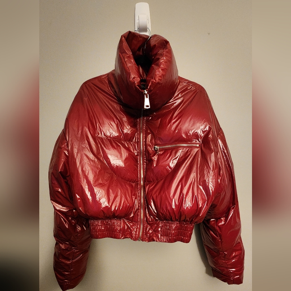 Good Times Red Cropped Patent Leather Vinyl Puffer Jacket Coat Size S/M